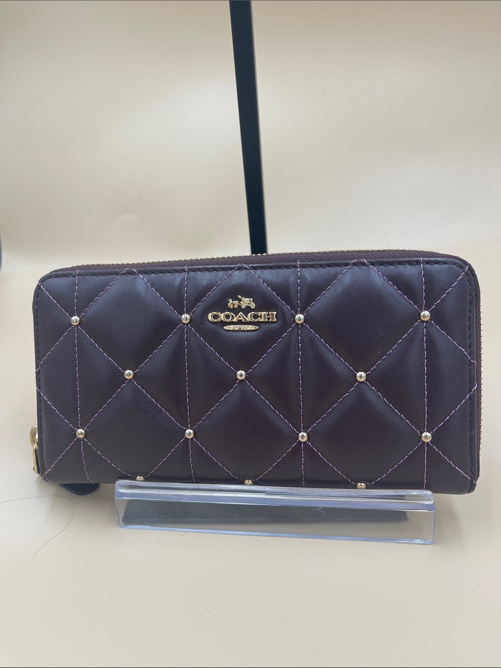 Coach Quilted Zip-Around Wallet in Plum with Gold Studs